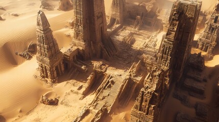 An aerial view of ancient ruins in a desert setting. The ruins are made of stone and are partially covered in sand.