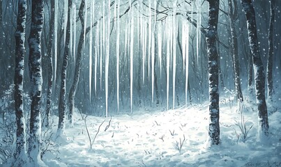 Sticker - A Snowy Forest Path with Icicles Hanging from Branches