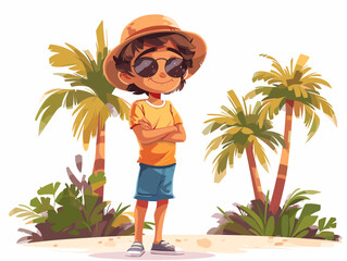 Wall Mural - A young boy wearing a yellow shirt and blue shorts stands in front of a palm tree. He is wearing sunglasses and a straw hat