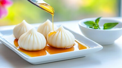 Wall Mural - Delicious Thai Dessert  Steamed Sticky Rice Dumplings with Honey