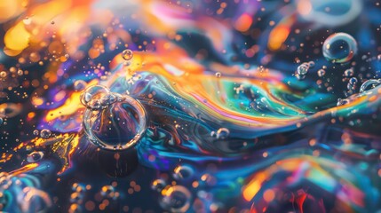 Wall Mural - abstract macro shot of iridescent liquid with bubbles.