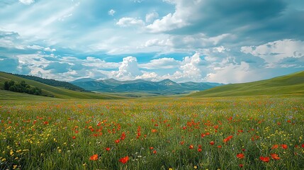 Poster -   A blue sky with a few puffy white clouds dots over a field of wildflowers and towering mountains in the background