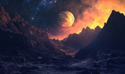 Sticker - A Dramatic Night Sky Over a Mountainous, Alien Landscape