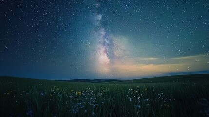 Poster -   The night sky glimmers with stars and the milky way illuminates a lush field of grass and wildflowers