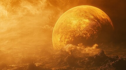 Sticker -   An artist depicts a remote, sunlit yellow planet with atmospheric clouds in the background