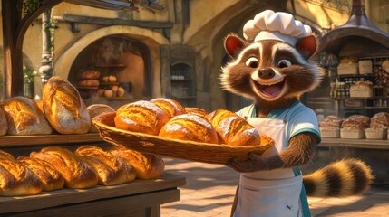 Joyful Cartoon Baker, a vibrant 3D character with a cheerful expression, wearing a chef's hat, surrounded by colorful baked goods and kitchen tools.