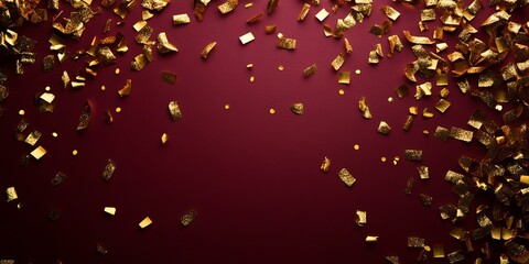 Golden sparkles shimmer on a burgundy tapestry, creating a celebratory and luxurious aesthetic.