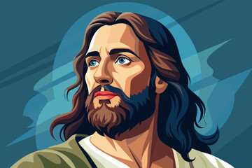 Wall Mural - Digital art illustration of Jesus Christ with a blue halo, looking upwards with hopeful expression