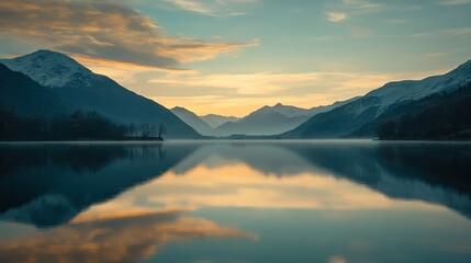 Sticker -   Lake surrounded by mountains and cloud-filled sky in the distance, with a few trees in the foreground