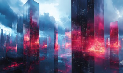 Poster - A Digital Cityscape with Red and Blue Towers