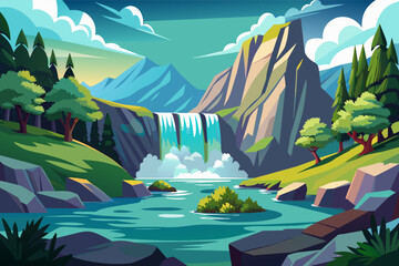 Beautiful Cartoon Landscape with Waterfall, Mountains, and Lush Green Trees