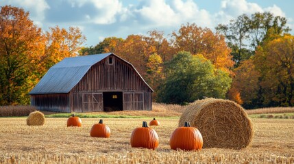 A picturesque rural barn surrounded by fields of harvested crops