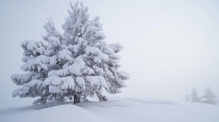 Poster -   A snow-covered pine tree stands tall amidst a sea of white in a snow-draped field, its branches adorned with glistening snowflakes as they reach towards