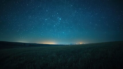 Wall Mural -   A sprawling field of lush green grass under a canvas of twinkling stars, set against the backdrop of a distant cityscape during the stillness of night