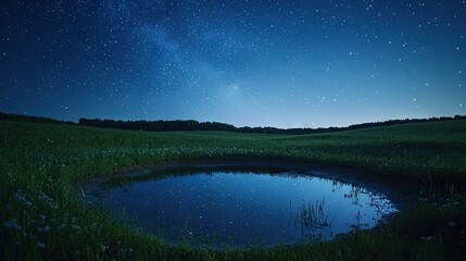 Sticker -   Pond in grassy field, night sky full of stars, above and surrounding