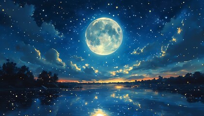 Sticker - In the night sky, a bright moon shines against the starry sky, making it particularly charming. The stars around it shine, giving people a feeling of tranquility and beauty.