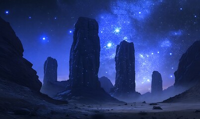 Poster - A Night Sky Illuminated by Stars and Glowing Rock Formations in a Desert Landscape