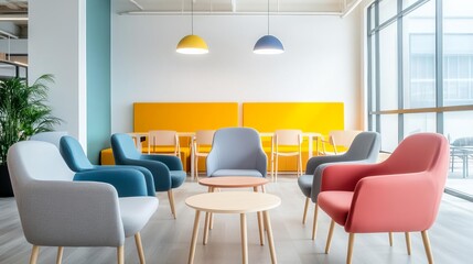 Creative co-working hub with colorful decor, brainstorming zones, and collaborative workspaces, inspiring innovation