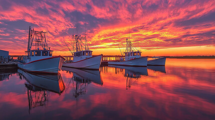 Canvas Print -   A cluster of vessels anchored beside one another on a tranquil expanse of water, framed by a breathtaking sunset