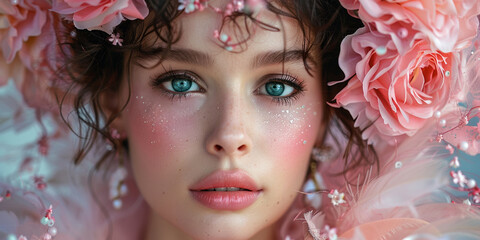 A young woman with a floral wreath, embodying spring’s elegance and romantic beauty with fresh, radiant style.