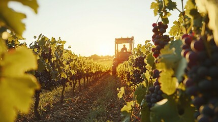 Poster -   Person in field of grapes with sunset on horizon