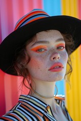 Wall Mural - Gorgeous close-up portrait of a young woman with vibrant makeup and stylish elegance, set against a colorful background.