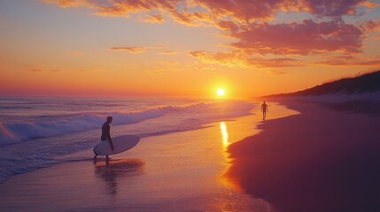 A serene beach at sunset with a lone surfer walking along the shoreline