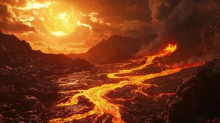 Poster -   A mountain stream of molten rock under a radiant sun and cloudy sky