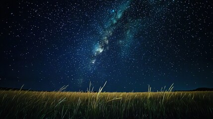 Wall Mural -   Stars fill the night sky while the Milky Way can be seen above a tall grass field