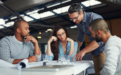 Poster - People, architecture and meeting at tablet for planning, feedback or project management. Team, communication or man leader at table with tech for proposal, design or advice for urban development