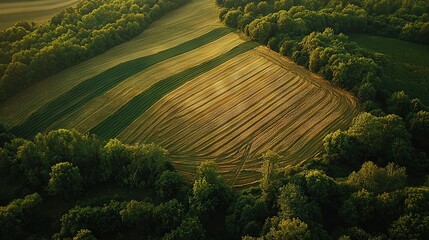 Poster -   Aerial view of plowed field surrounded by trees in forest