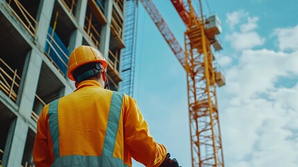 construction worker in a hard hat operating a crane at a busy building site, copy space