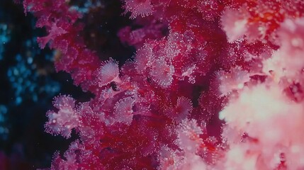 Poster -   A macro shot of an array of pink blossoms, featuring droplets of water atop and below