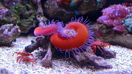 Wall Mural -   An orange and purple anemone sits on a rock in an aquarium filled with vibrant corals