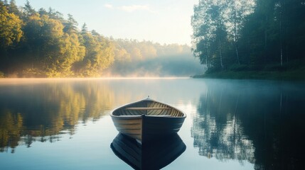 A rowboat gently drifting on a quiet lake