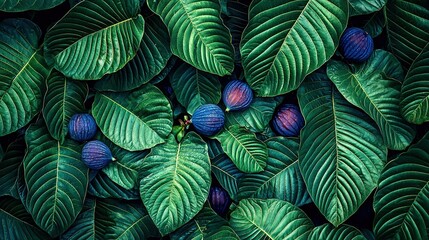 Poster -   A detailed photo of a cluster of green foliage, topped by a fruit atop one leaf, while another fruit rests below