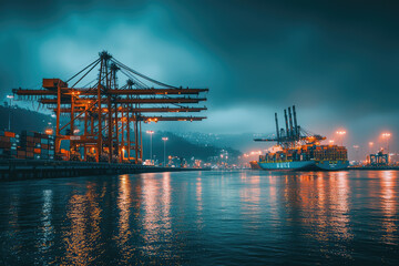 A colossal cargo ship glides through the calm waters of a bustling harbor at night, illuminated by the soft glow of city lights and the powerful beams of gantry cranes.