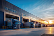 © Kitta Studio - A modern logistics hub bathed in the warm glow of a setting sun, with semi-trucks lined up at loading bays, ready to deliver the world's goods.