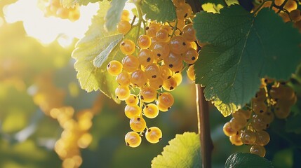 Poster -   A cluster of golden fruit dangling from verdant foliage, with rays of light filtering through the canopy above