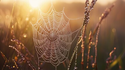 Wall Mural - a high-resolution photo of a spider web on grass, illuminated by the sun through the web's intricate
