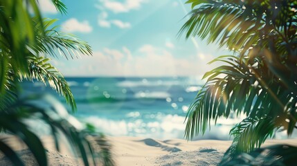 Poster - Tropical beach scene with blurred palm trees and ocean in the background