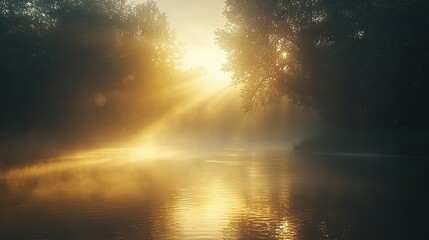 Poster -   A lake surrounded by trees, with sunlight filtering through the foliage on the opposite bank