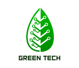 Sticker - Green tech icon, smart digital farm and eco green energy technology. Vector symbol of a leaf with circuit representing eco-friendly smart and innovative agriculture services, sustainable clean energy