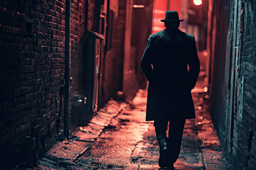 A lone figure, cloaked in shadow, walks through a dimly lit alleyway. The red glow emanating from unseen sources adds an air of mystery and intrigue to the scene.