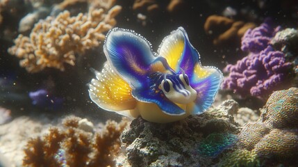 Sticker -   Blue and yellow fish atop coral with sea anemones and other corals