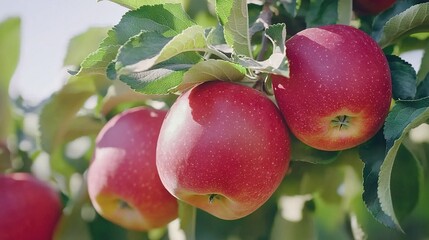 Poster -   Red apples dangling from a green-leafed tree against a light blue sky