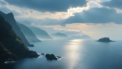 The sparkling sea surface and the steep coastline set off each other, and the hazy clouds and distant islands appear mysterious and peaceful in the light.