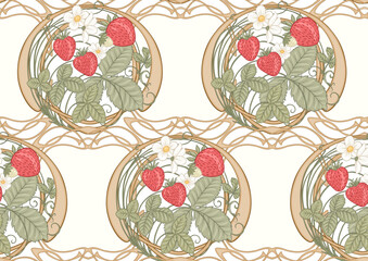 Wall Mural - Strawberry. Branch with berries, leaves and flowers. Seamless pattern, background. Vector illustration. In art nouveau style, vintage, old, retro style.