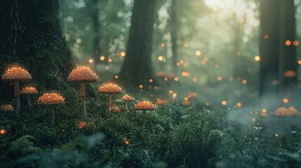 Canvas Print -   A dense woodland brimming with countless fungi surrounds a lush green forest adorned with tiny, glowing orbs