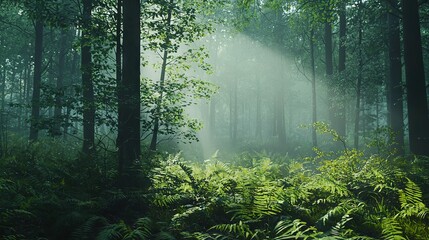 Poster -   Forest brimming with towering trees and verdant foliage, lush and thriving